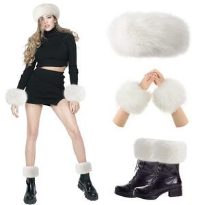 2521 3 Pieces Faux Fur Headband Set Earmuff Hat Fuzzy Short Wrist Warmers